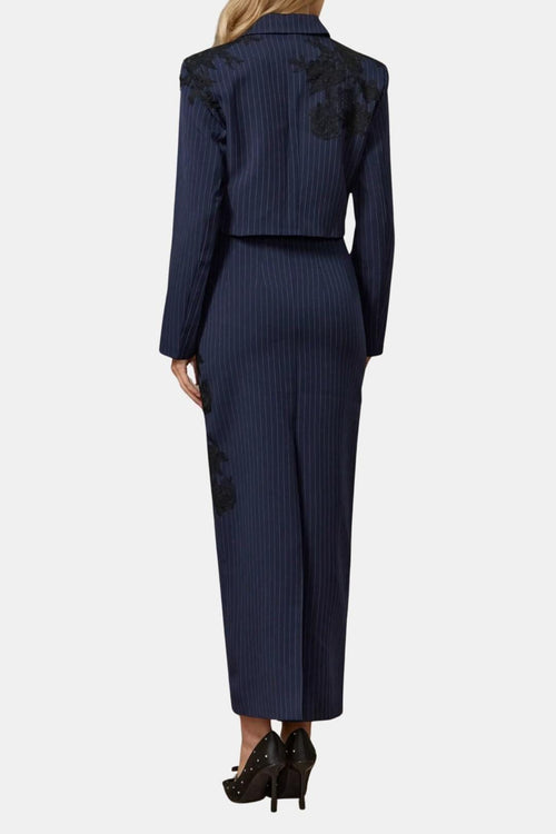 Alisson – Pinstripe Cropped Blazer & Lace-Embroidered Skirt Set in Dark Blue