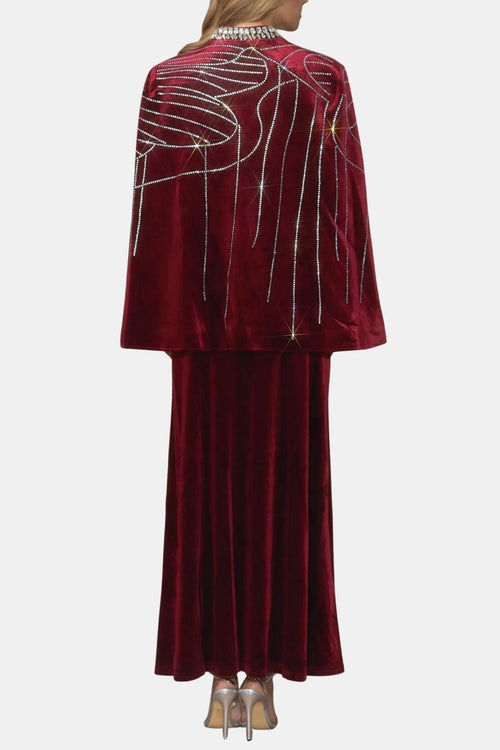 Allie – Crystal Cape Velvet Skirt Set in Burgundy