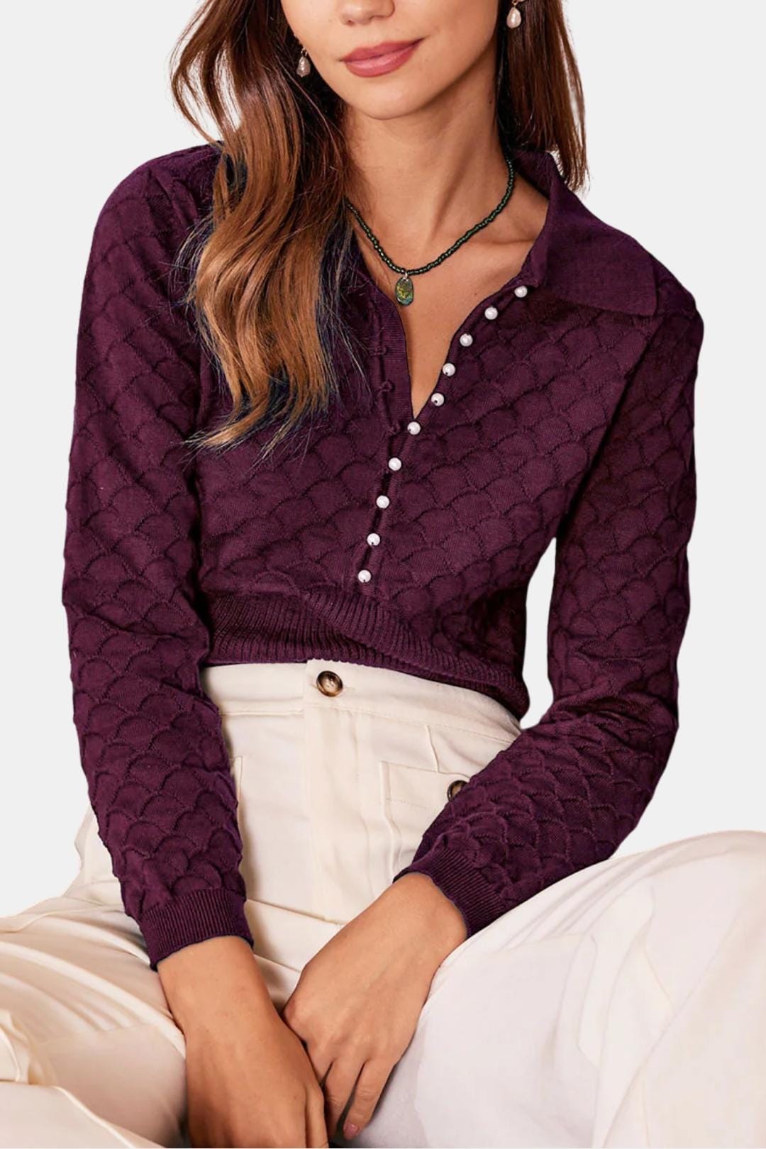 Arete – Lapel Ribbed Textured Knit Top