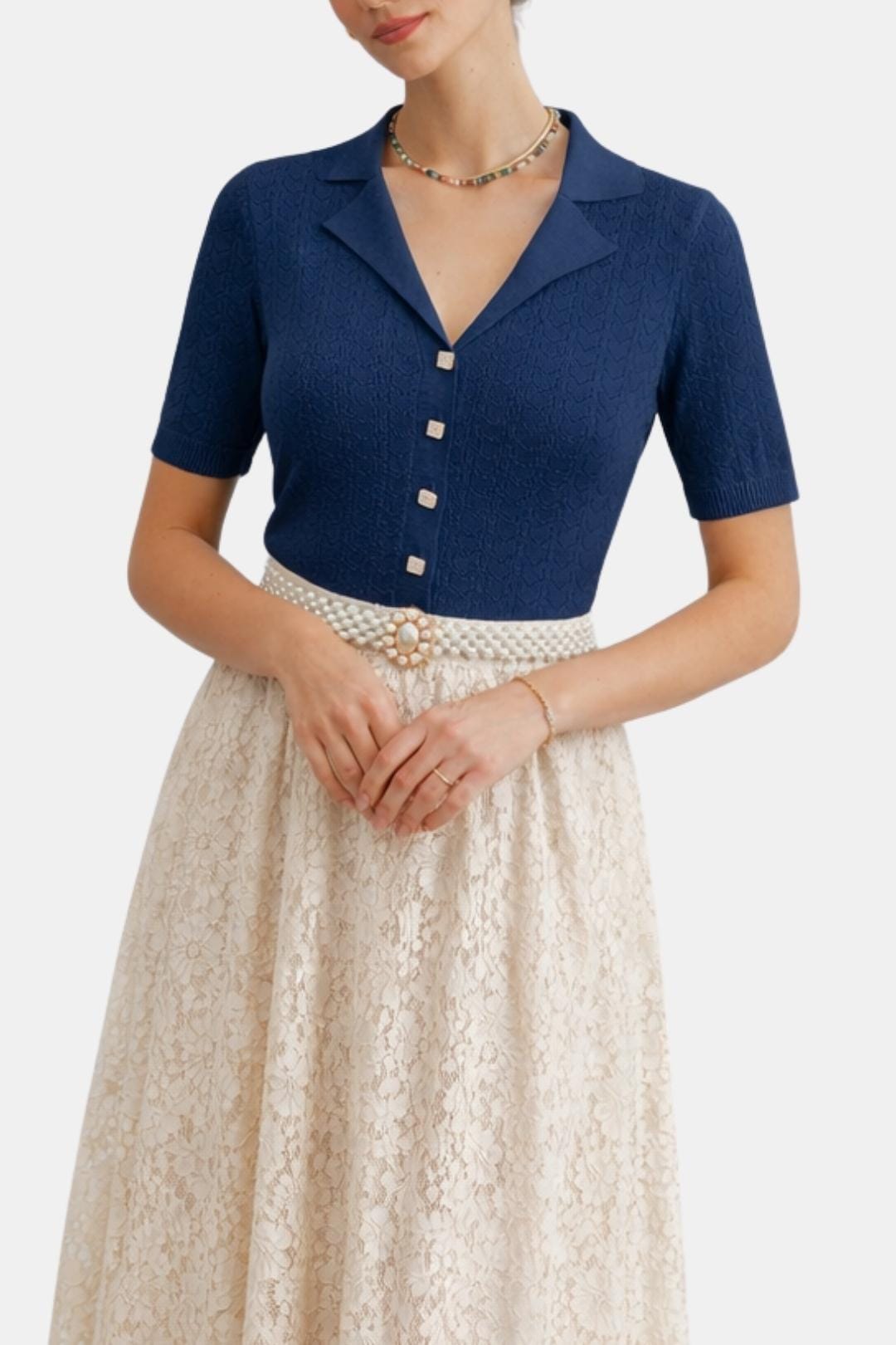 Asteria – Collared Pointelle Knit Top in Navy