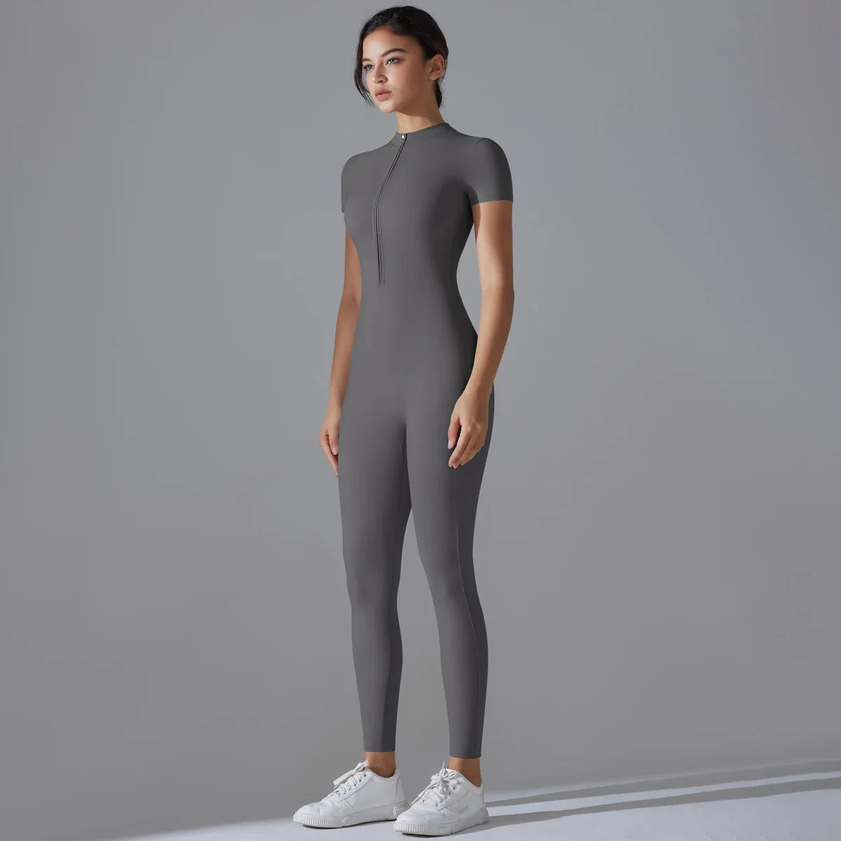 Chic Zip-Up Short Sleeve Workout Jumpsuit