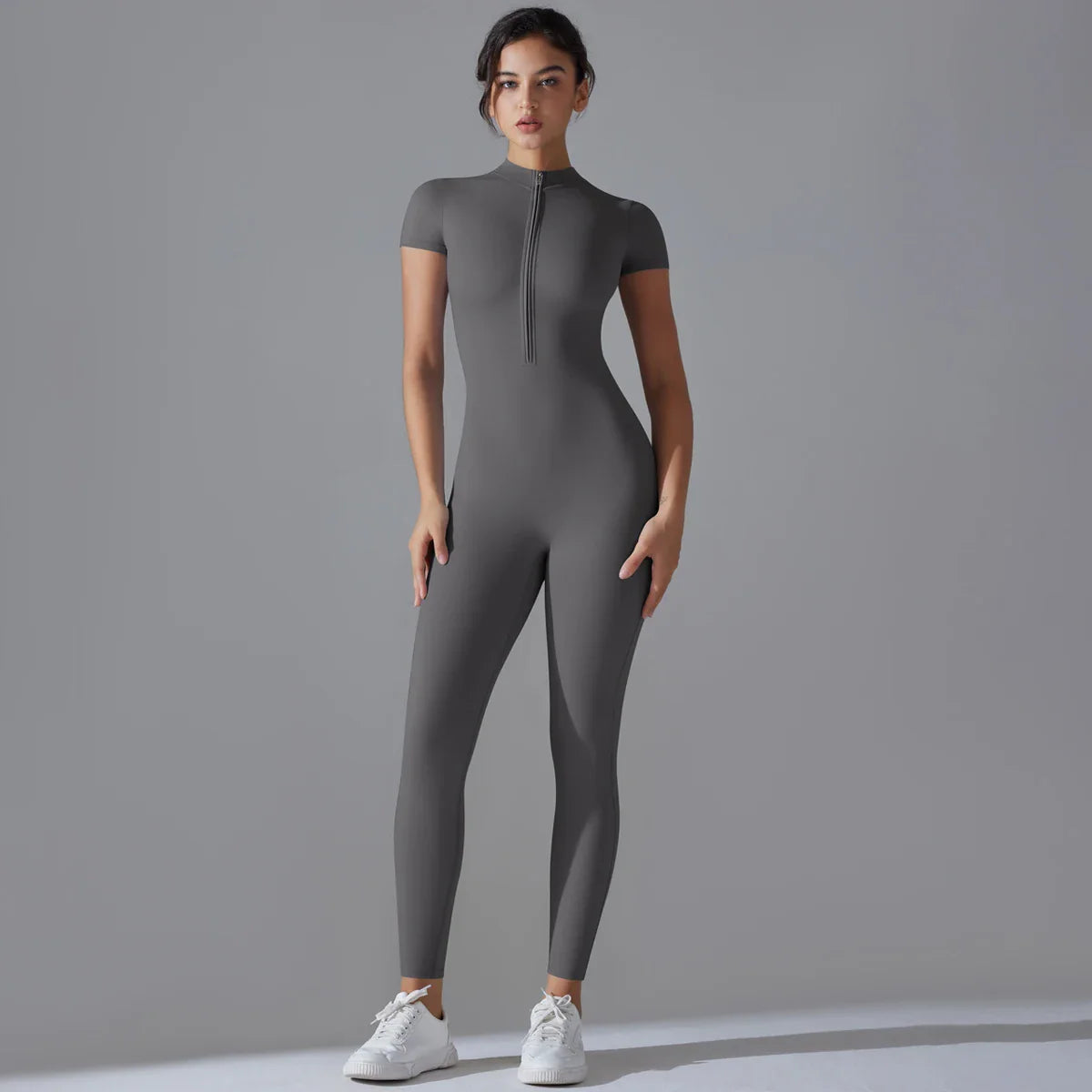 Chic Zip-Up Short Sleeve Workout Jumpsuit