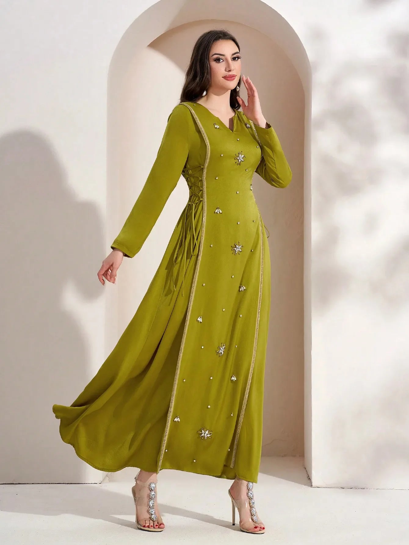 Elegant Crystal Embellished Arabian Maxi Dress