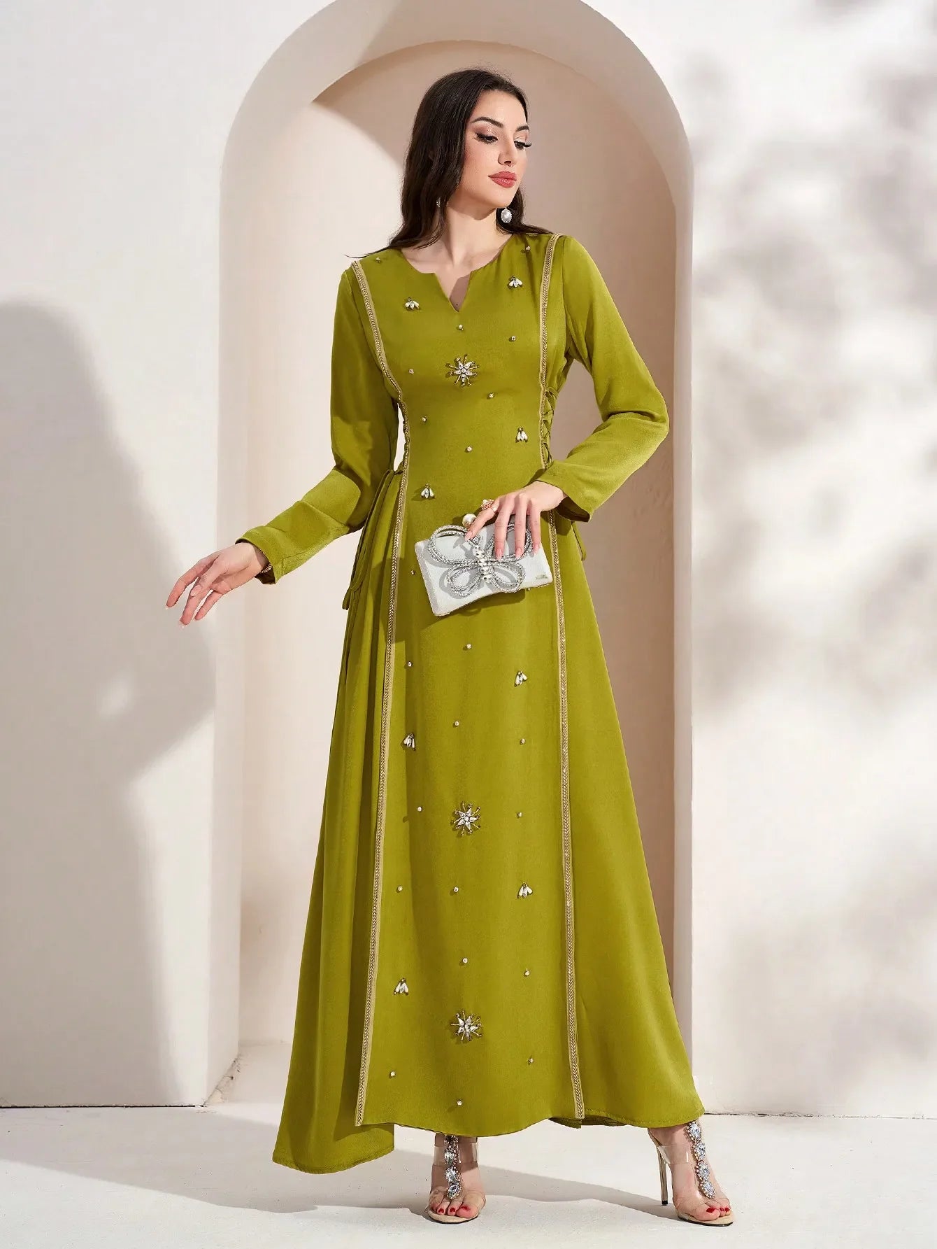 Elegant Crystal Embellished Arabian Maxi Dress