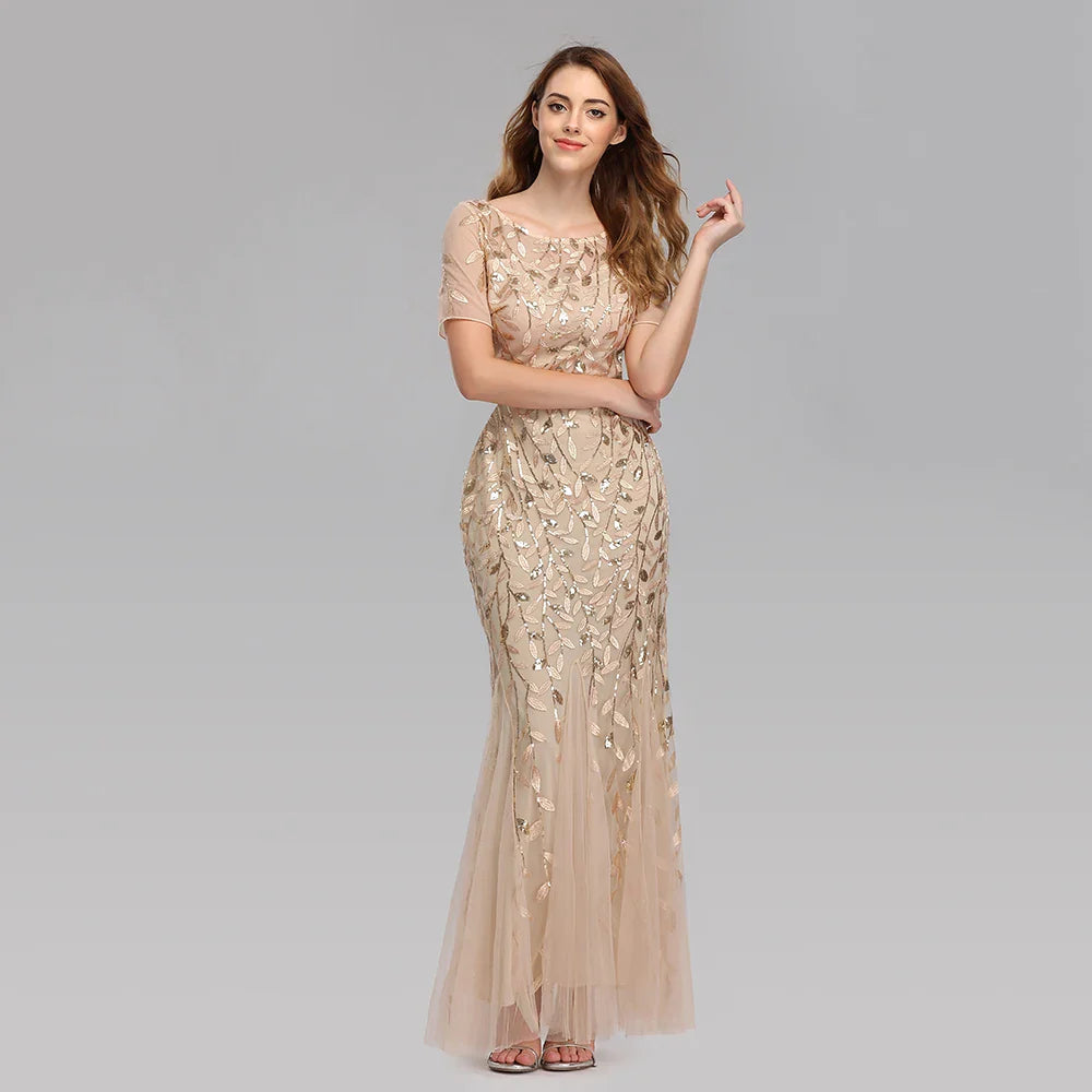  Embroidered Mesh Mermaid Gown