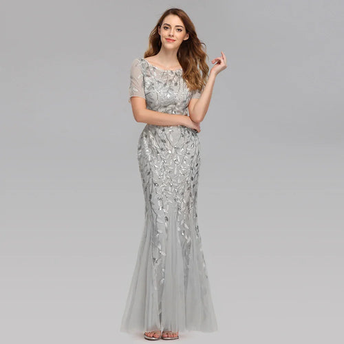  Embroidered Mesh Mermaid Gown