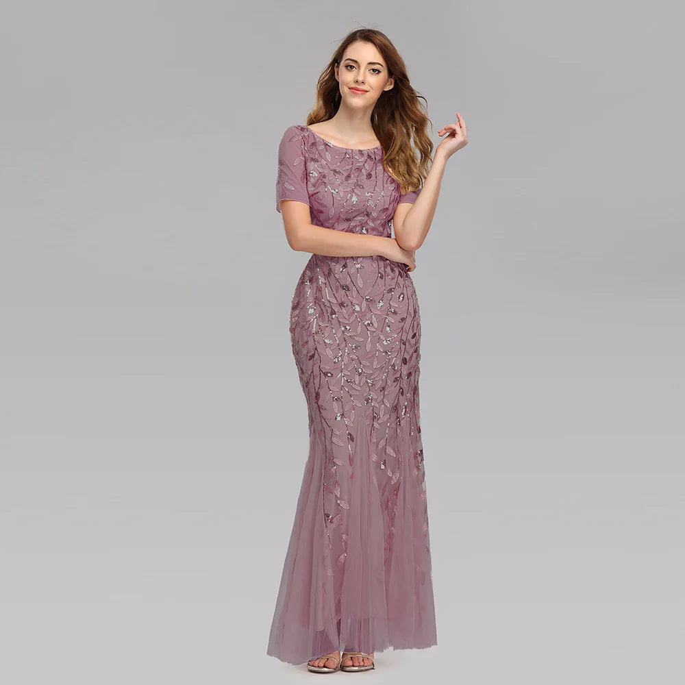  Embroidered Mesh Mermaid Gown