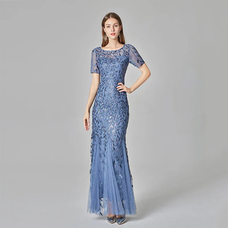  Embroidered Mesh Mermaid Gown