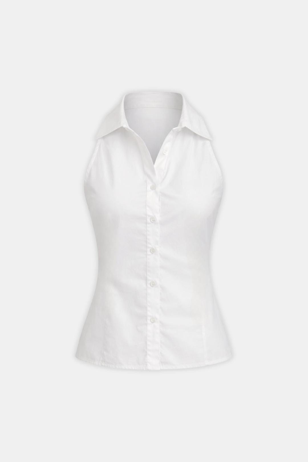 Evadne – Collared Button-Up Sleeveless Shirt in White