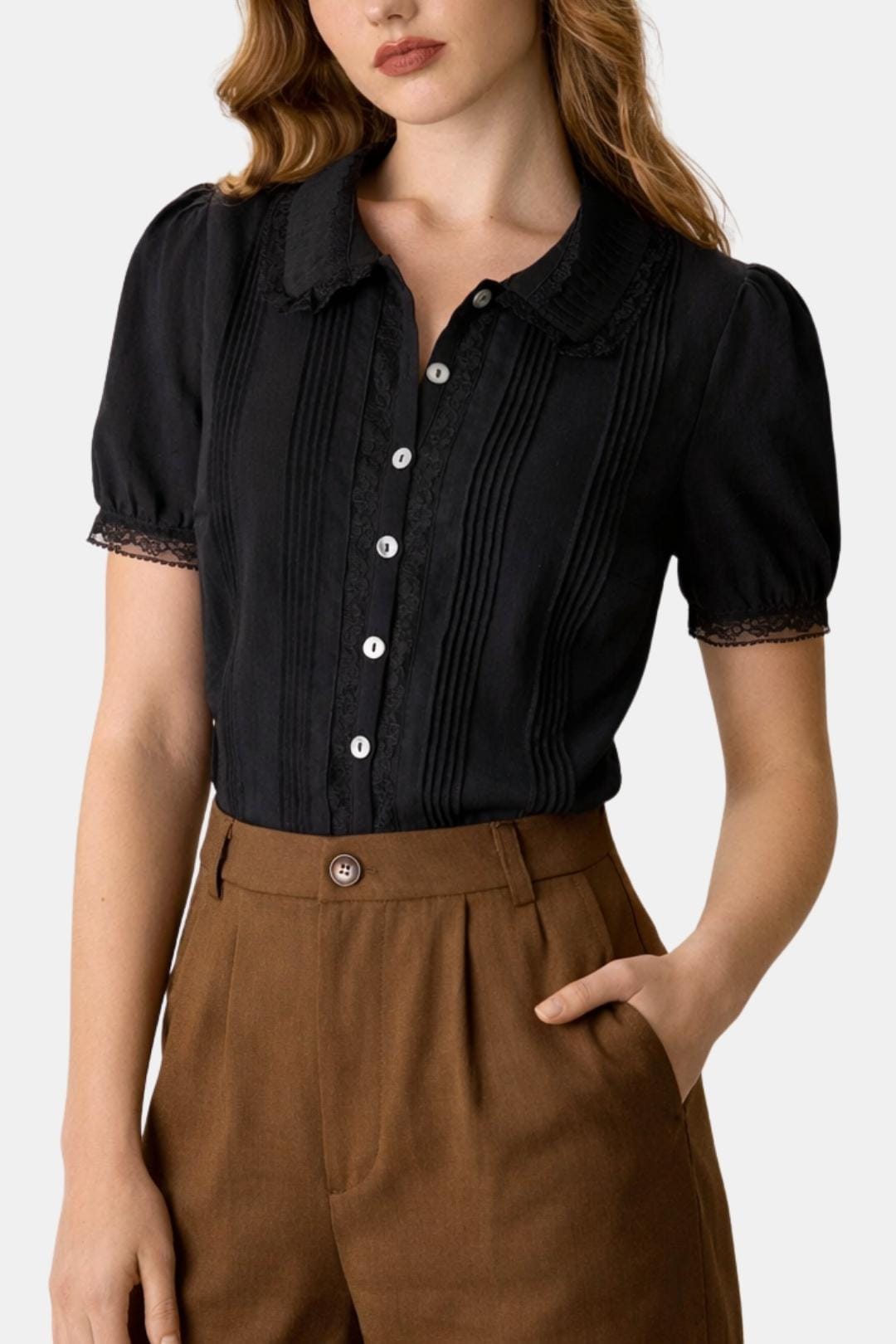 Evania – Chelsea Collar Buttoned Lace Trim Blouse in Black