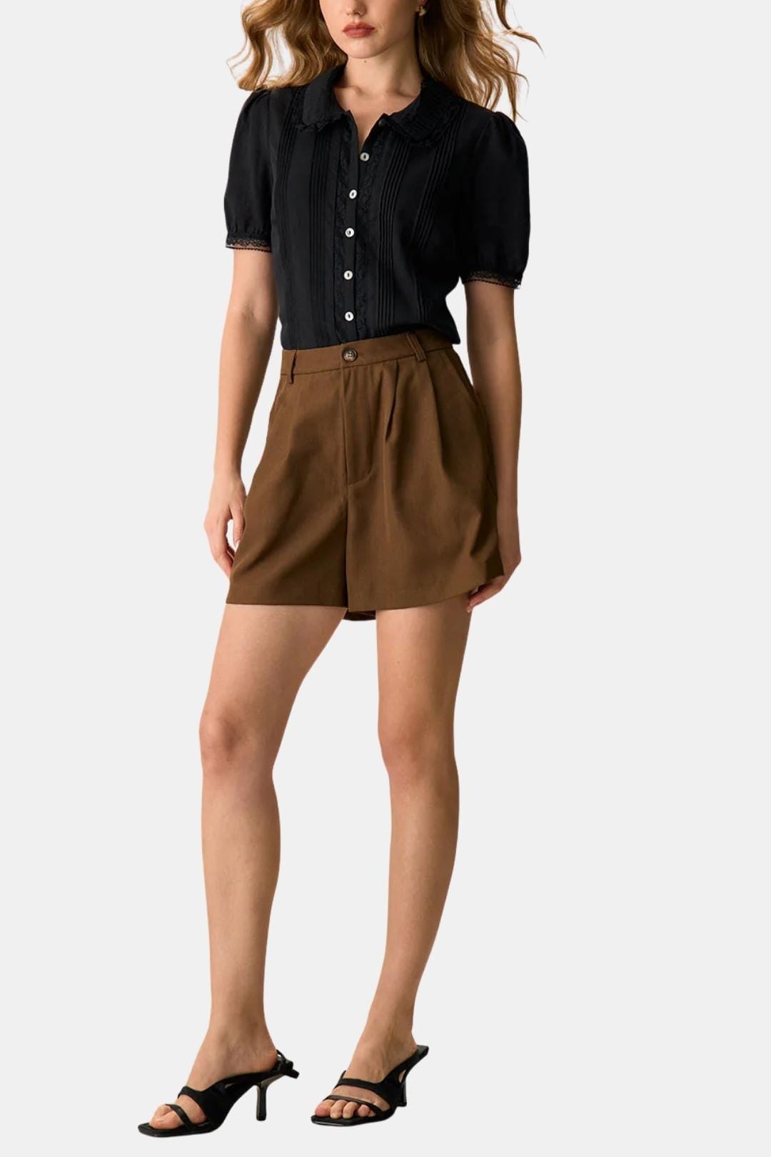 Evania – Chelsea Collar Buttoned Lace Trim Blouse in Black