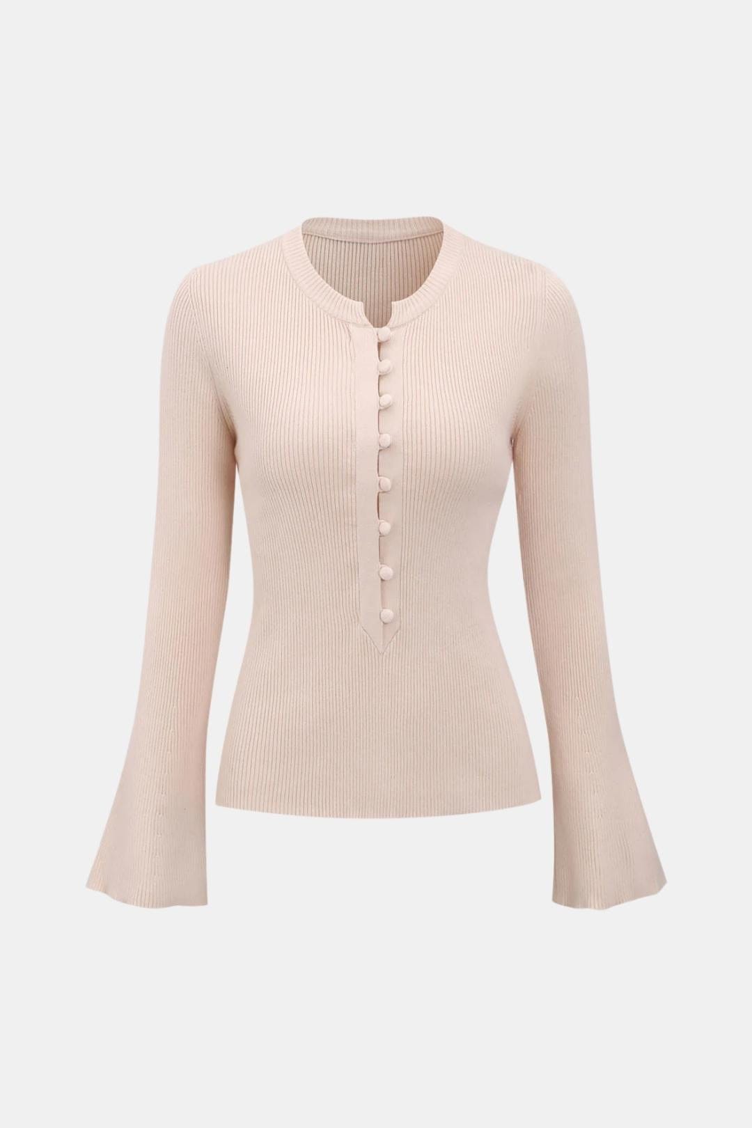 Katina – Ribbed Round Neck Button Knit Top