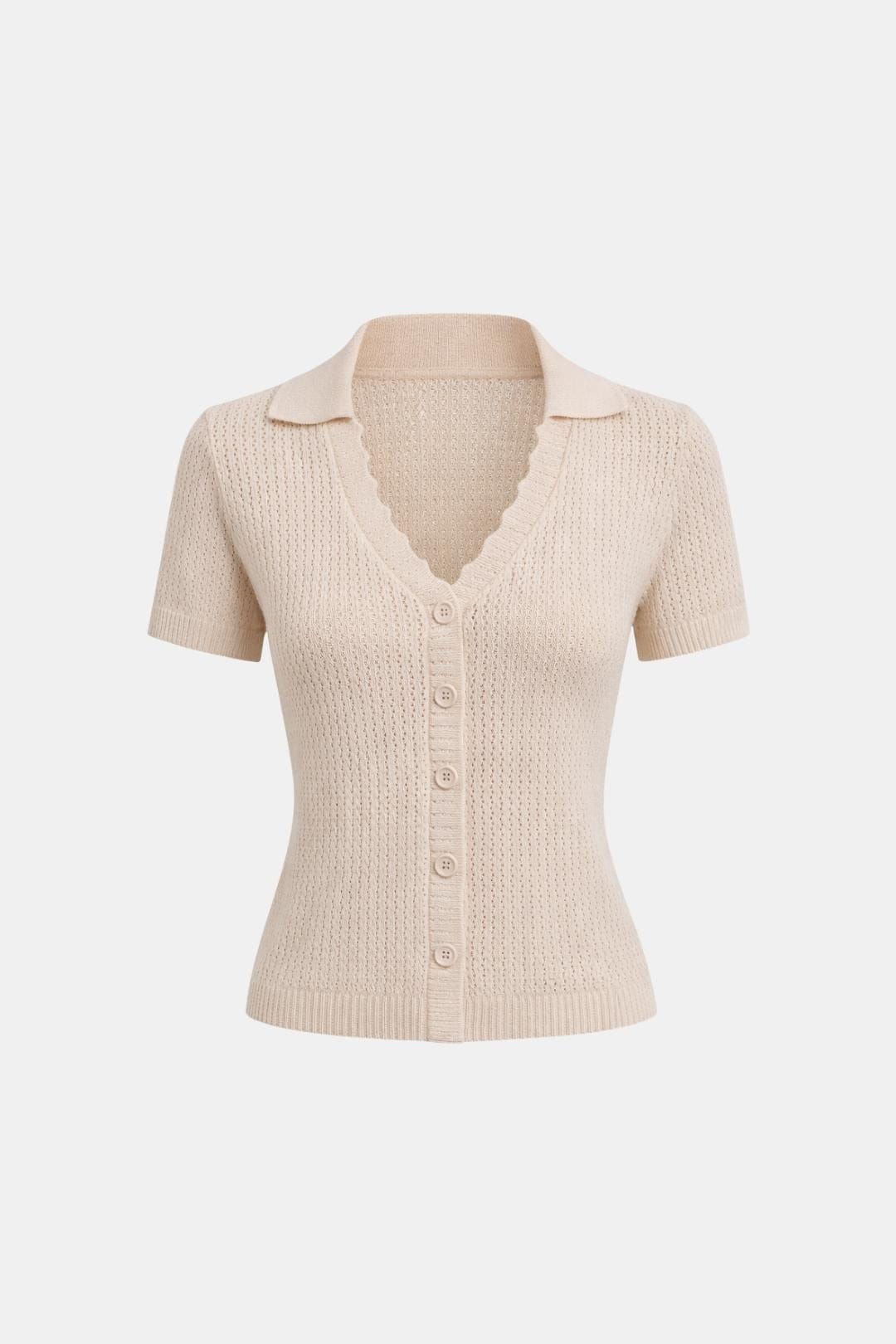 Kleio – V Neck Button Pointelle Knit Tee