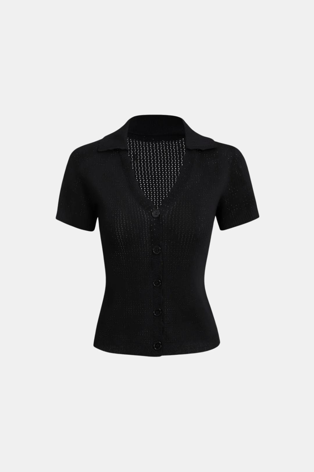 Kleio – V Neck Button Pointelle Knit Tee