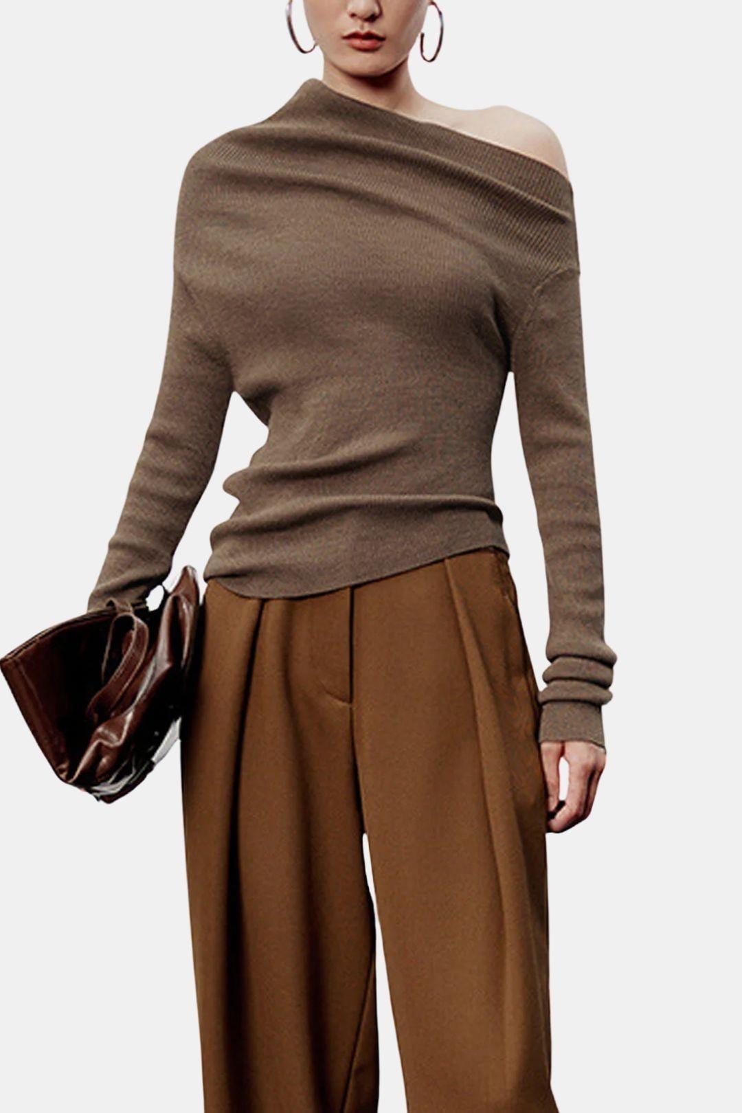 Nathalie – Caramel Asymmetric Neckline Long Sleeve Knit Top