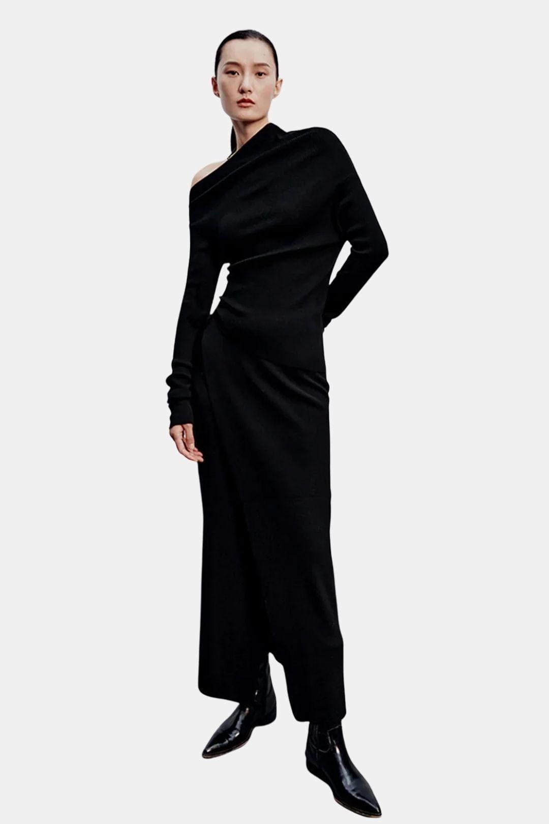 Nathalie – Caramel Asymmetric Neckline Long Sleeve Knit Top