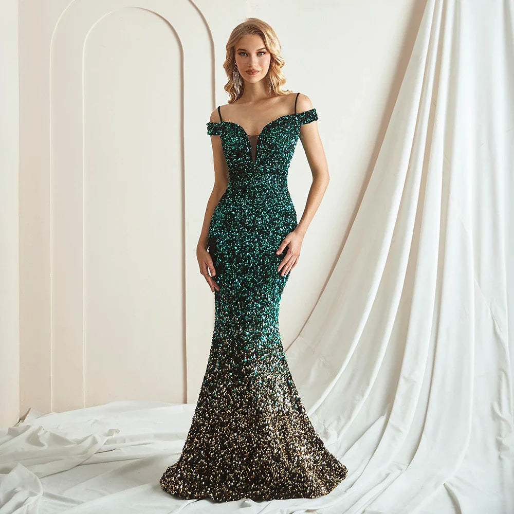 Ombre Sequin Off-Shoulder Mermaid Gown