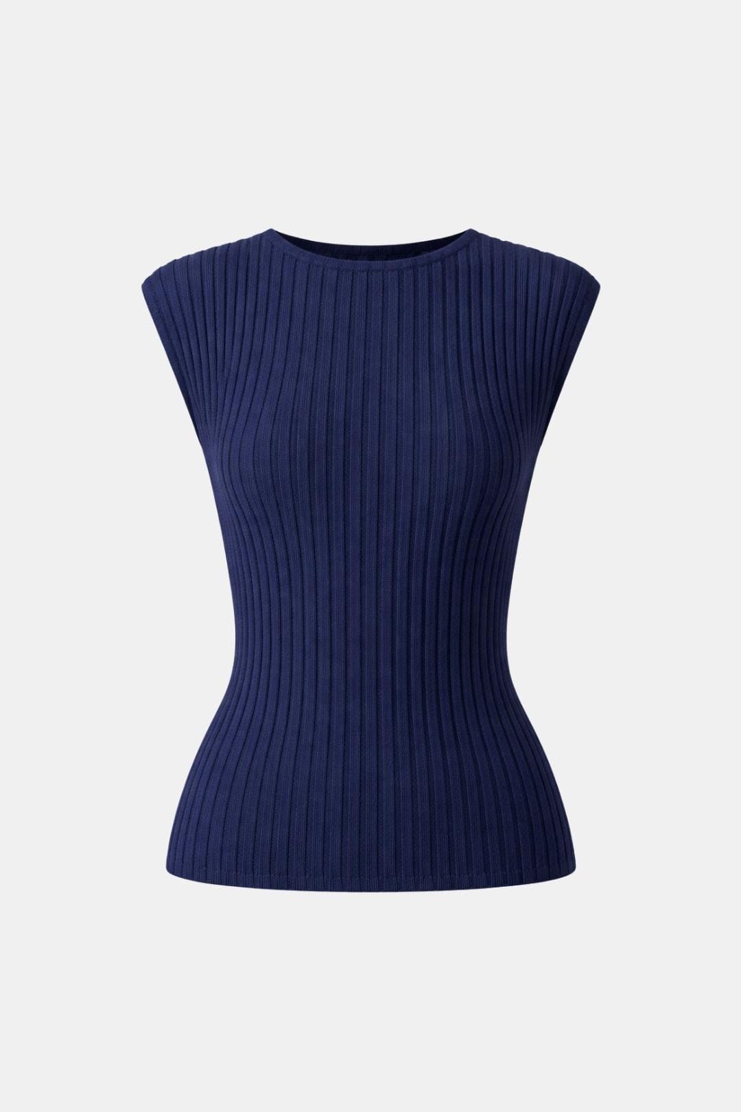 Pamela – Boat Neck Ribbed Cap Sleeve Knit Tee in Blue