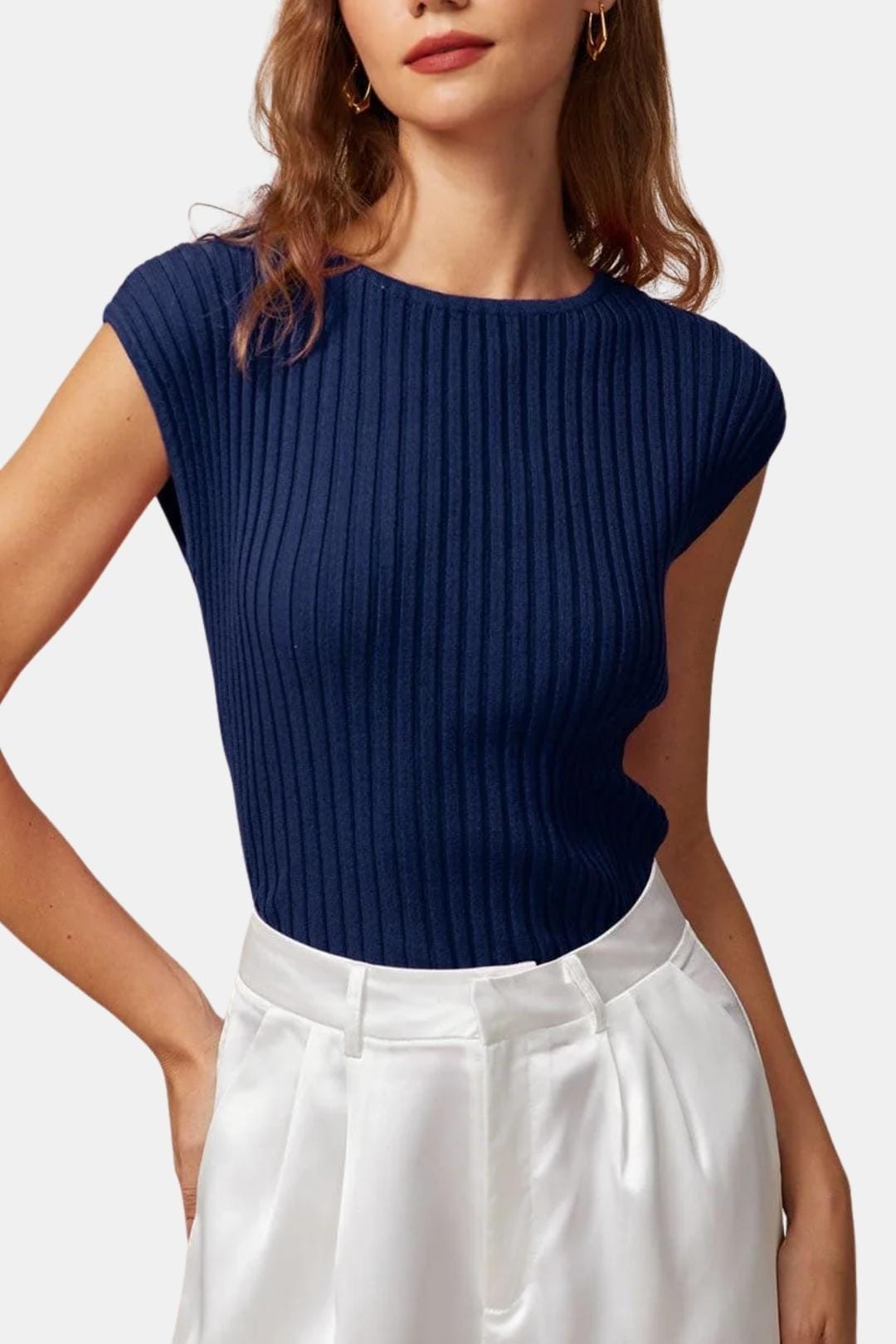 Pamela – Boat Neck Ribbed Cap Sleeve Knit Tee in Blue