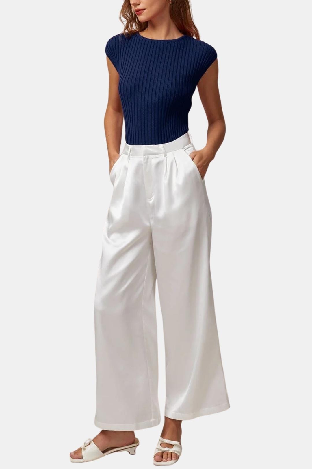 Pamela – Boat Neck Ribbed Cap Sleeve Knit Tee in Blue