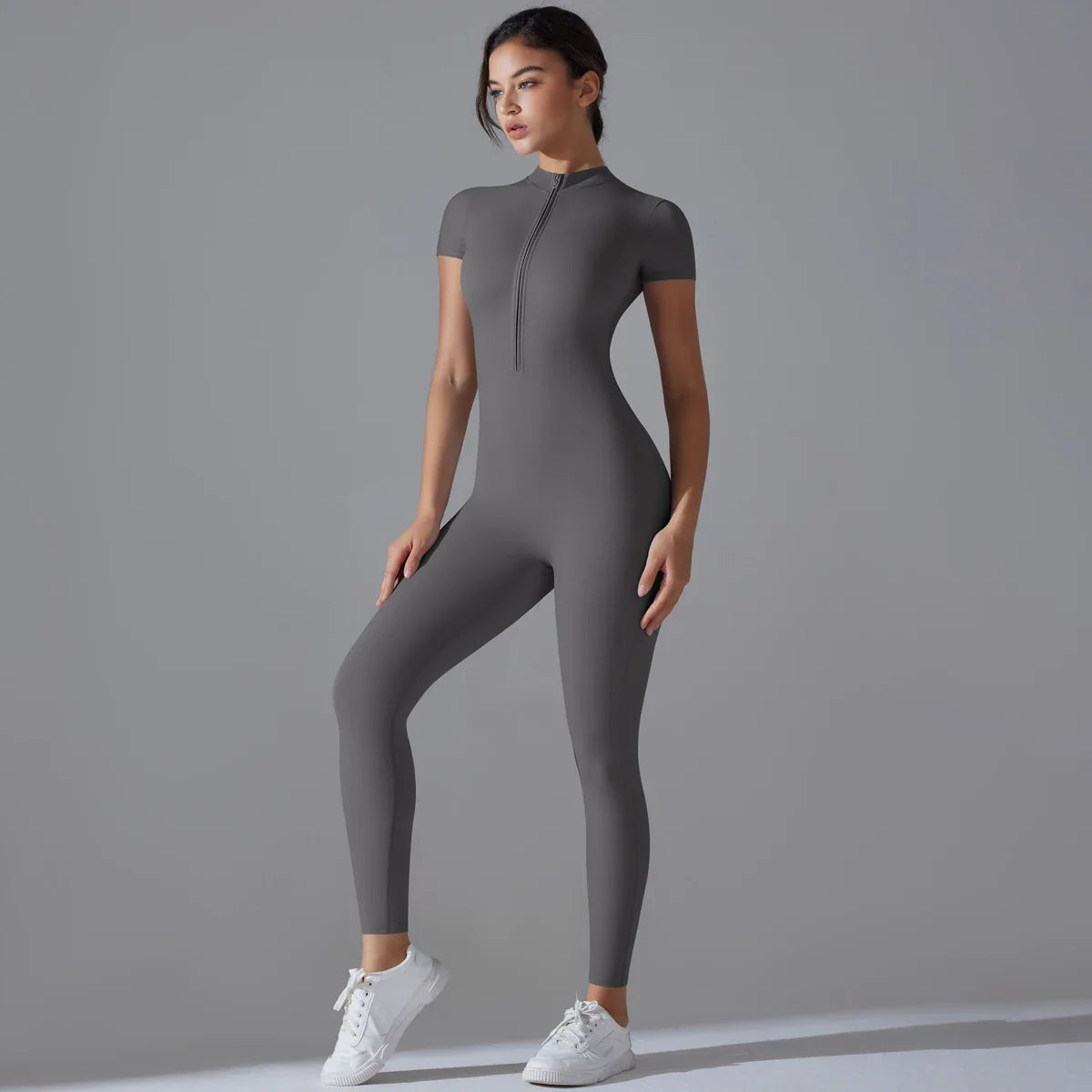 Chic Zip-Up Short Sleeve Workout Jumpsuit