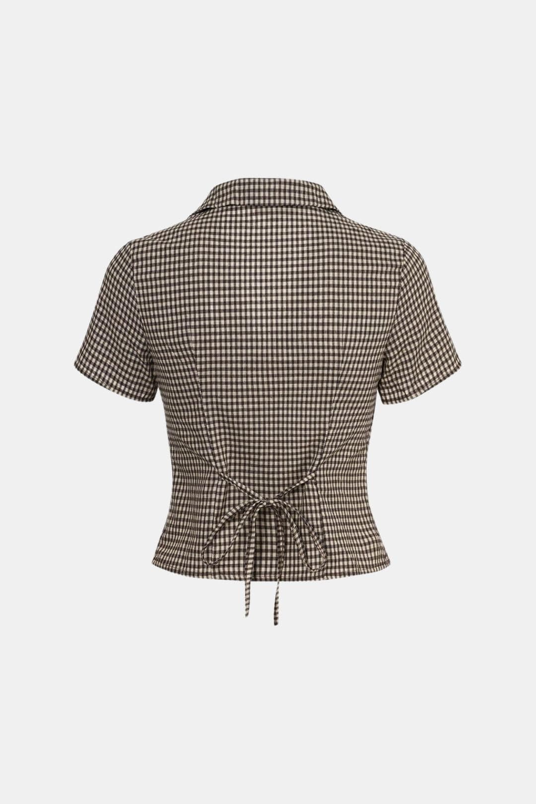 Sariva – Lapel Gingham Short Sleeve Blouse in Brown