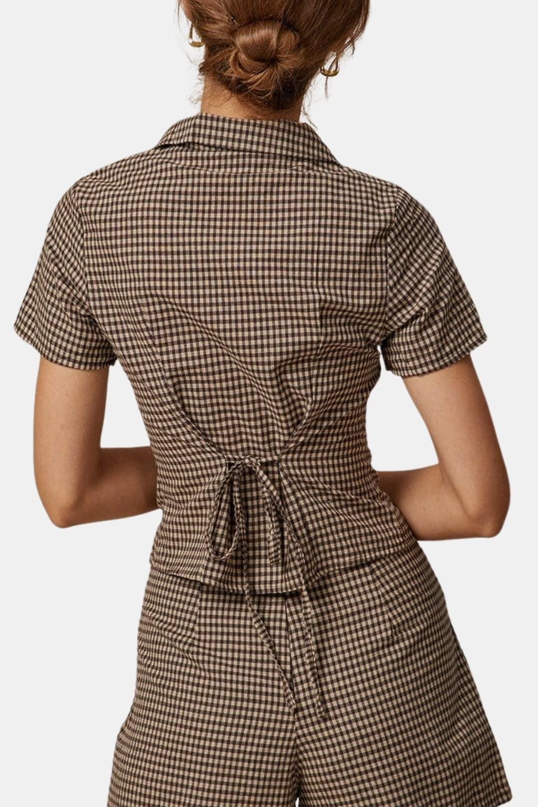 Sariva – Lapel Gingham Short Sleeve Blouse in Brown