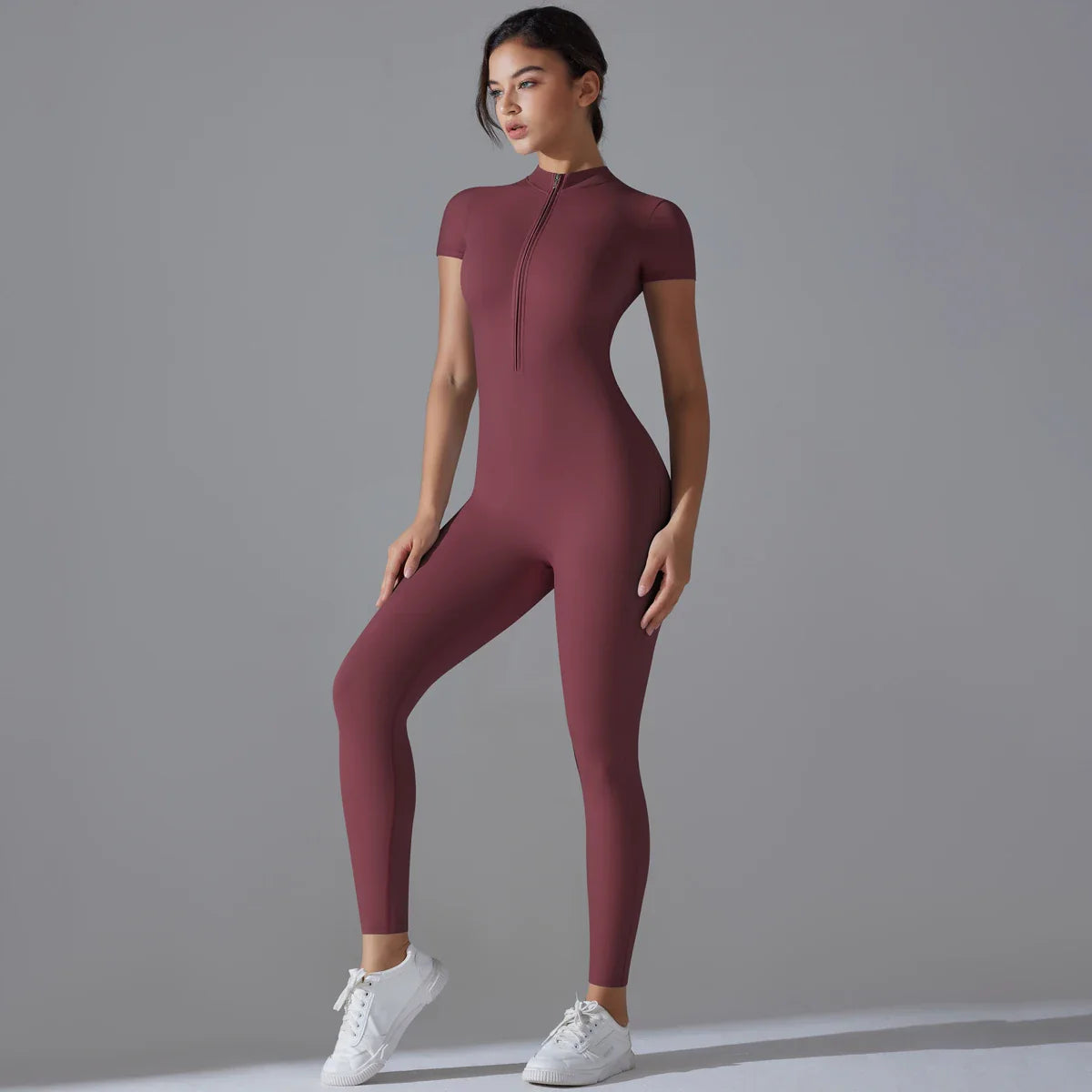Chic Zip-Up Short Sleeve Workout Jumpsuit