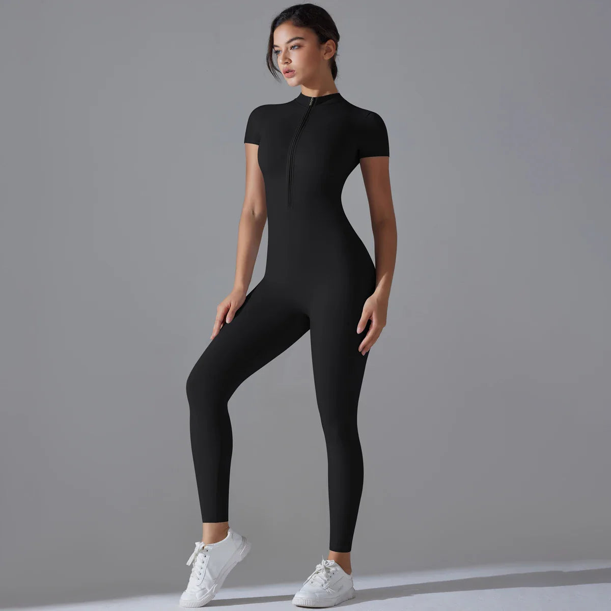 Chic Zip-Up Short Sleeve Workout Jumpsuit