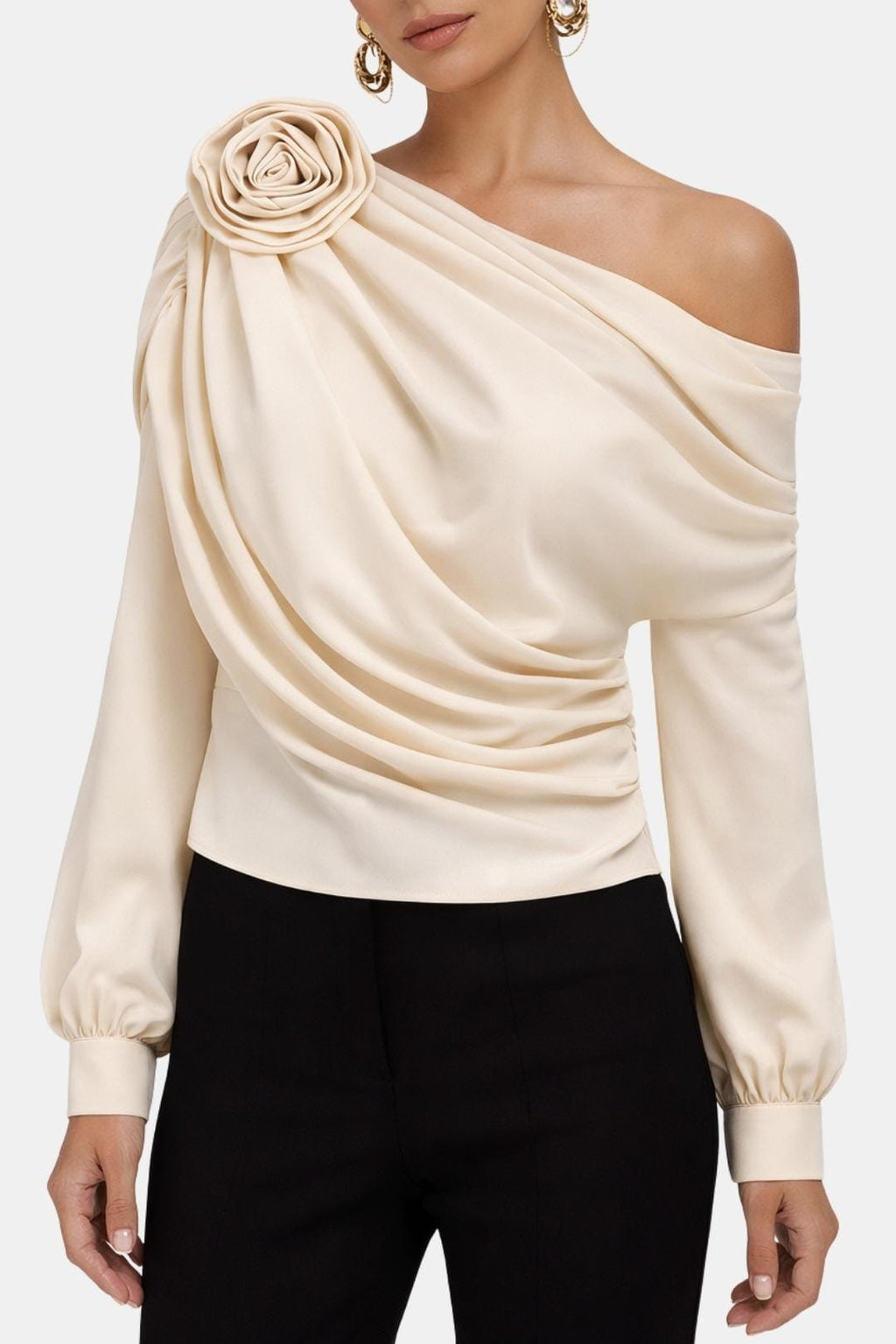Selina – Chiffon Rosette One-Shoulder Blouse