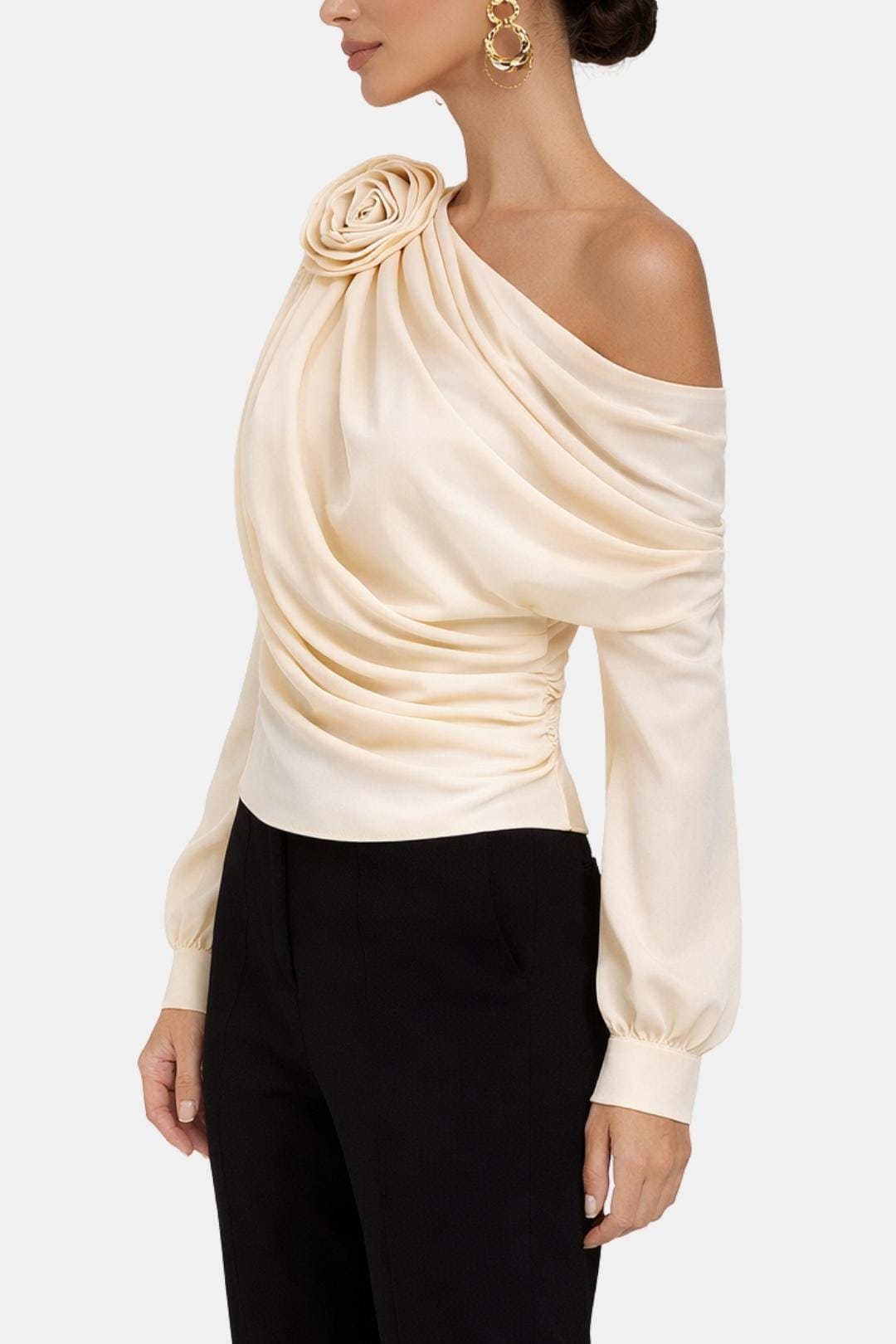 Selina – Chiffon Rosette One-Shoulder Blouse