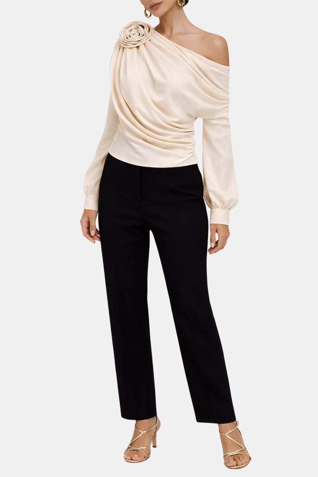 Selina – Chiffon Rosette One-Shoulder Blouse