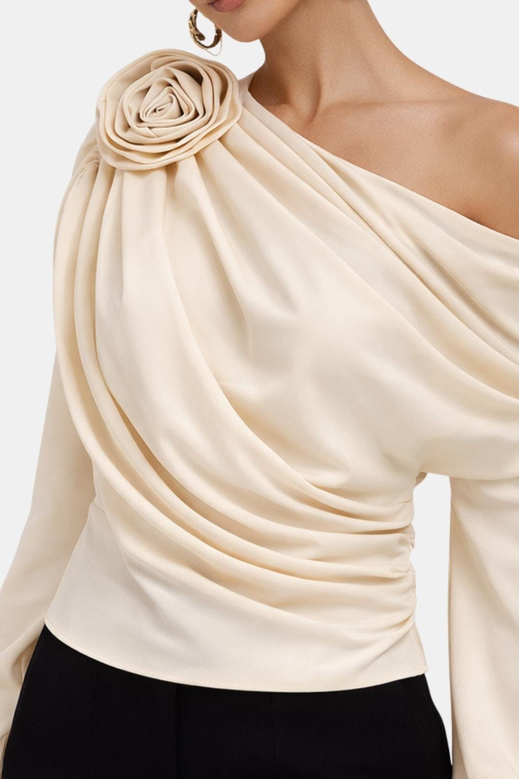 Selina – Chiffon Rosette One-Shoulder Blouse