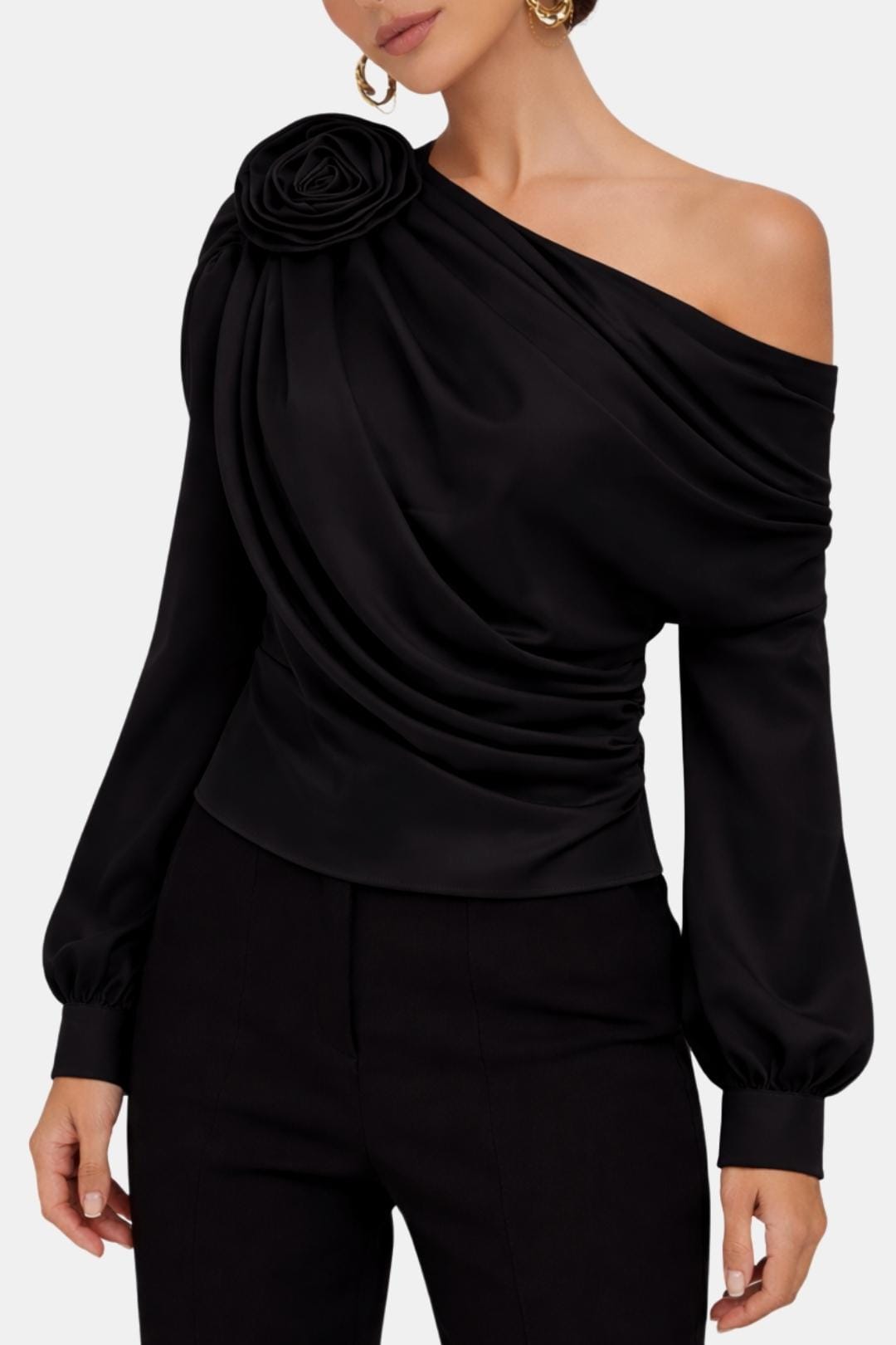 Selina – Chiffon Rosette One-Shoulder Blouse