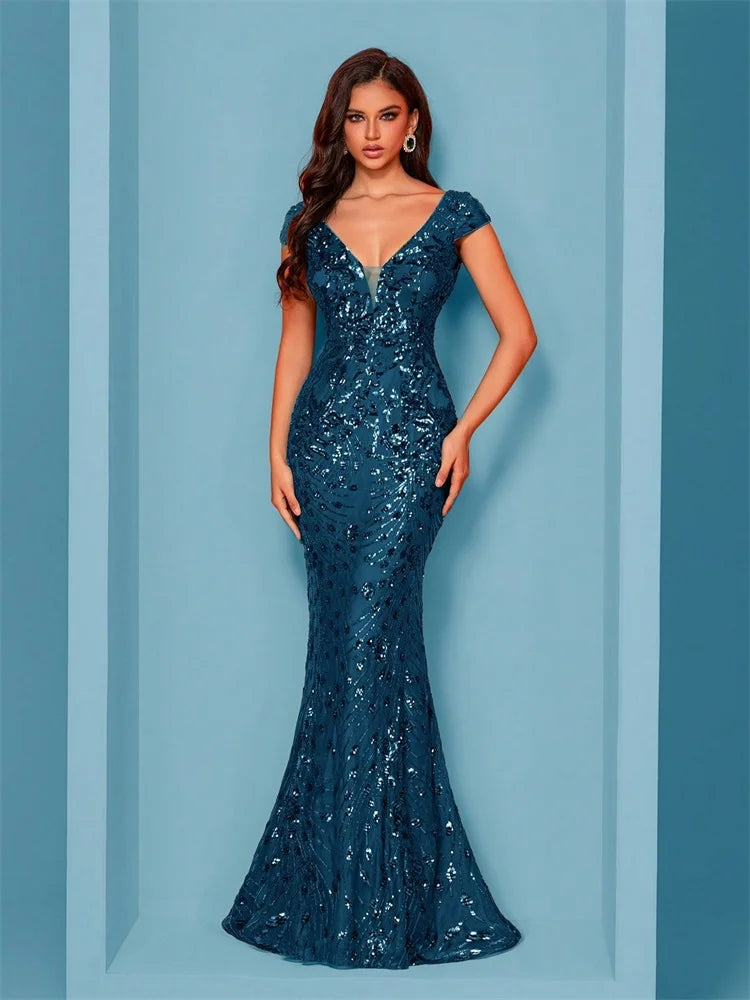 Teal Sequin Deep V-Neck Mermaid Gown