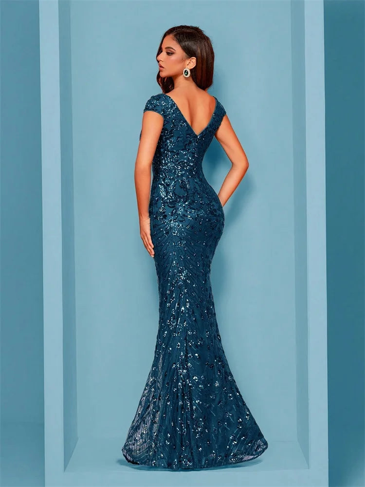 Teal Sequin Deep V-Neck Mermaid Gown