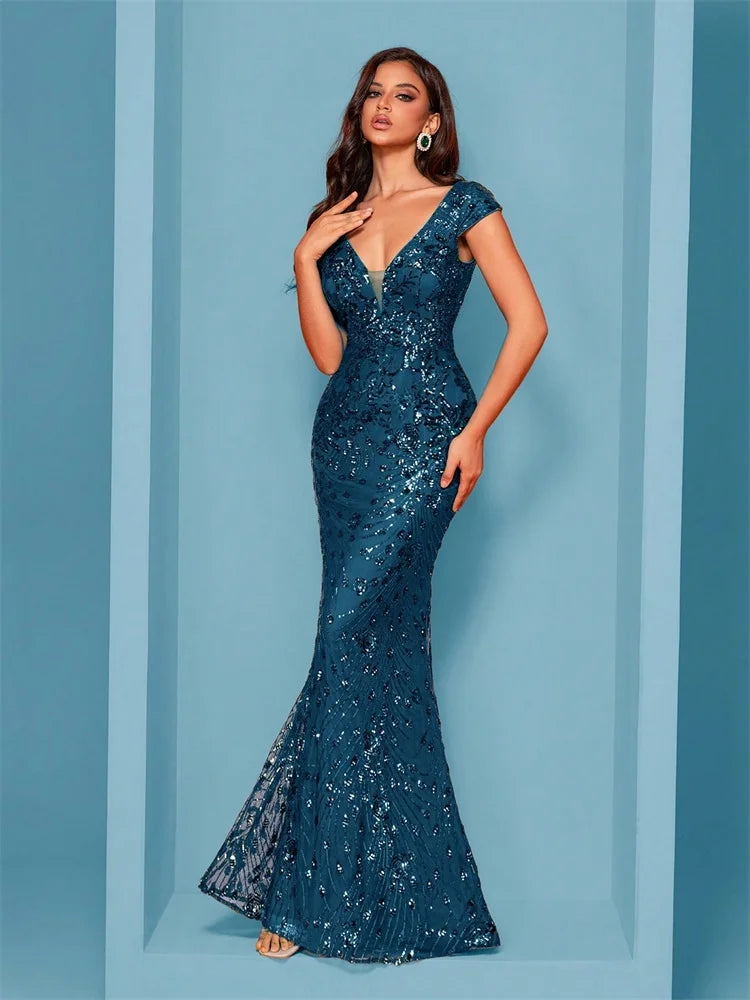 Teal Sequin Deep V-Neck Mermaid Gown