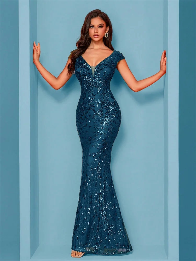 Teal Sequin Deep V-Neck Mermaid Gown