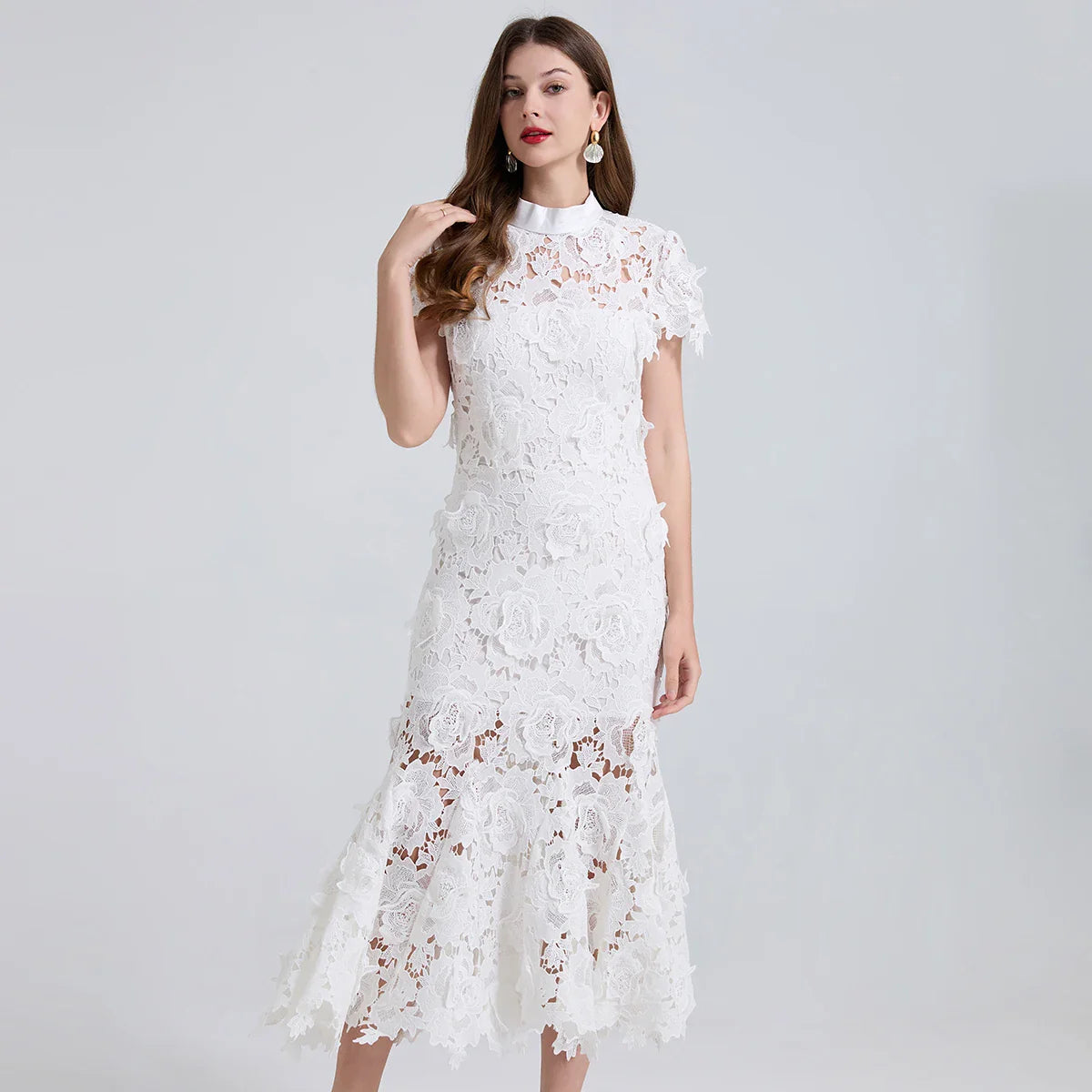 White Lace Floral Fishtail Evening Dress