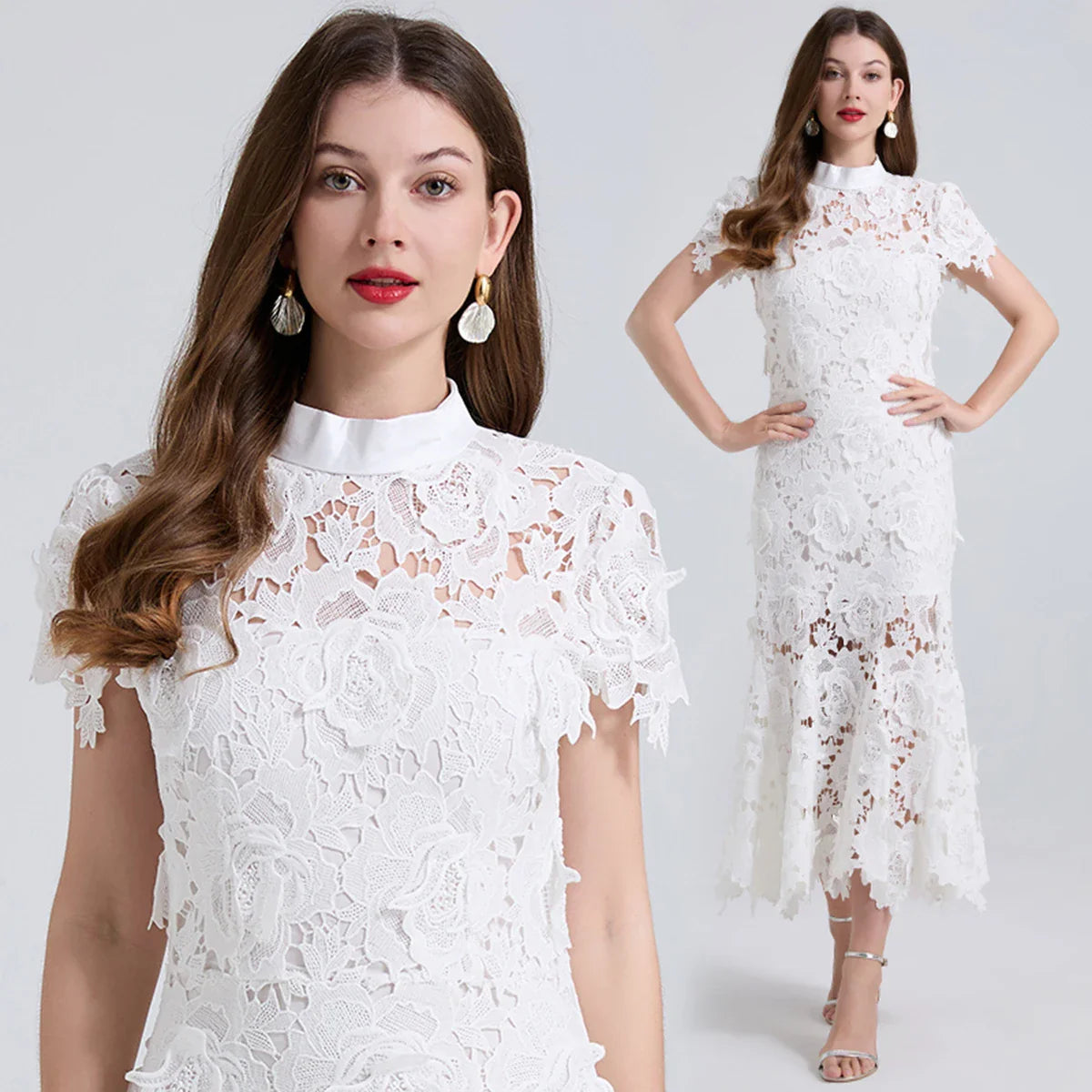 White Lace Floral Fishtail Evening Dress