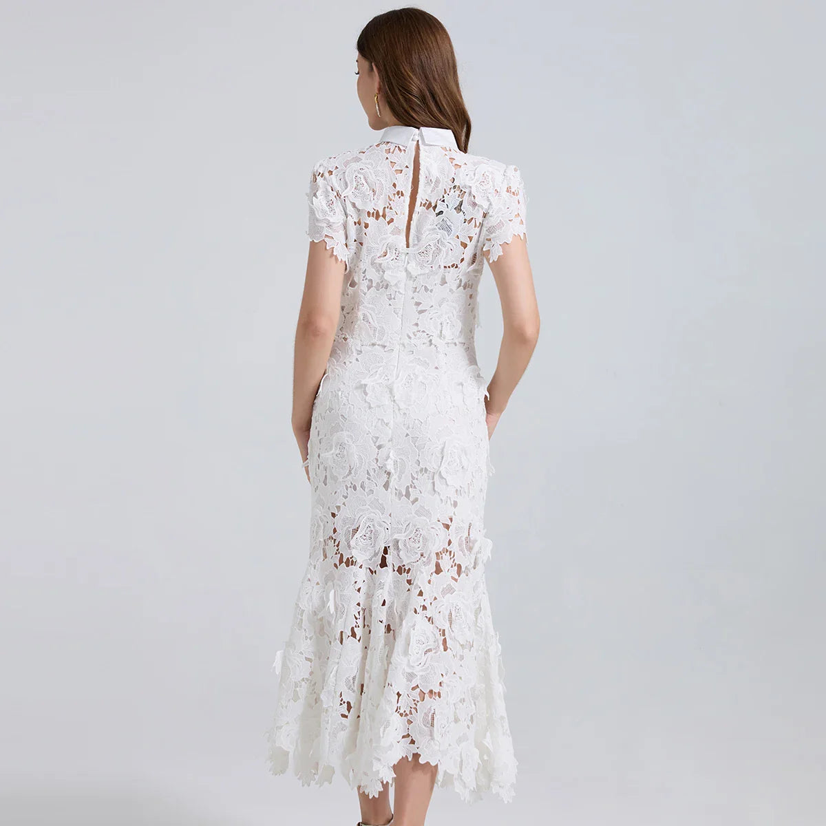 White Lace Floral Fishtail Evening Dress