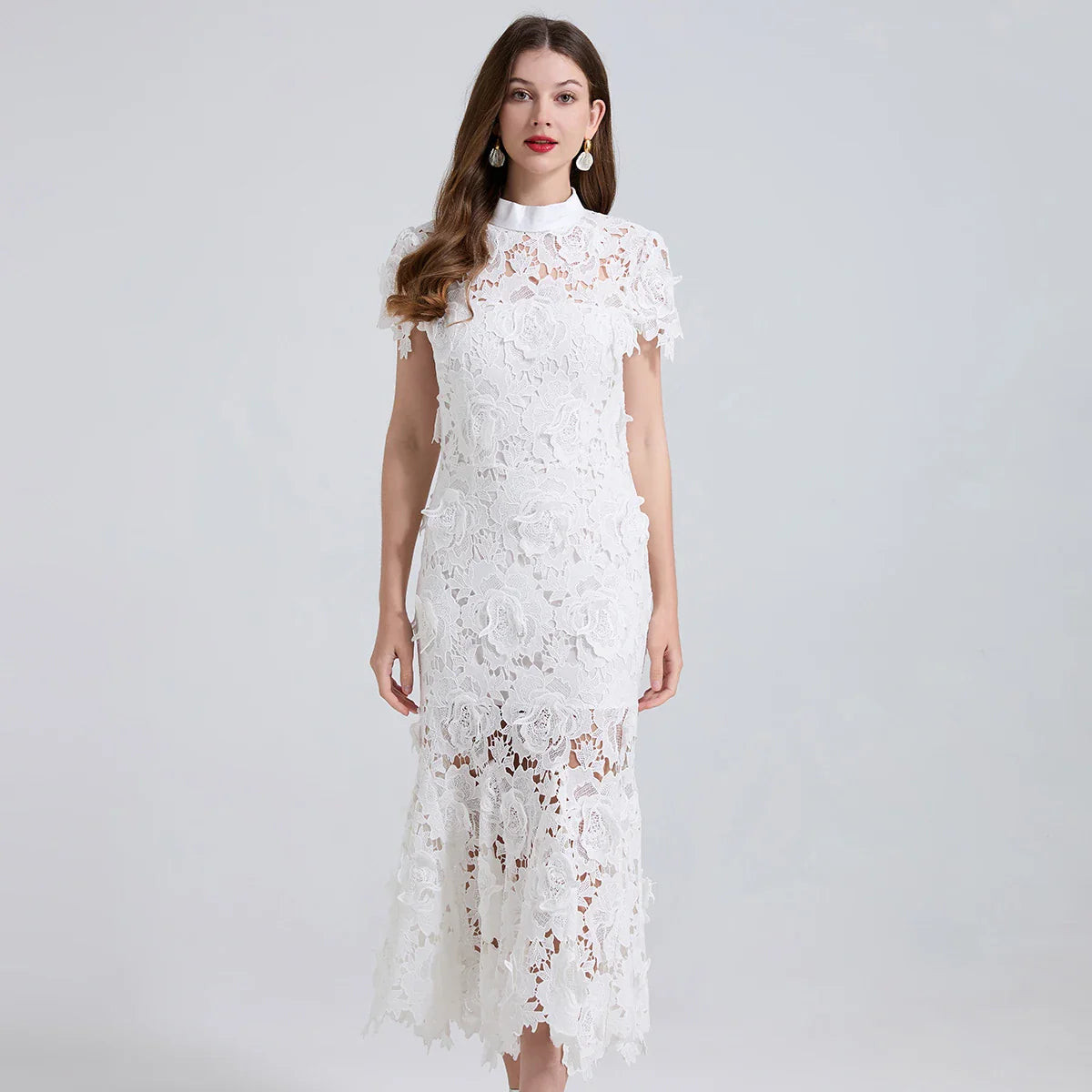 White Lace Floral Fishtail Evening Dress