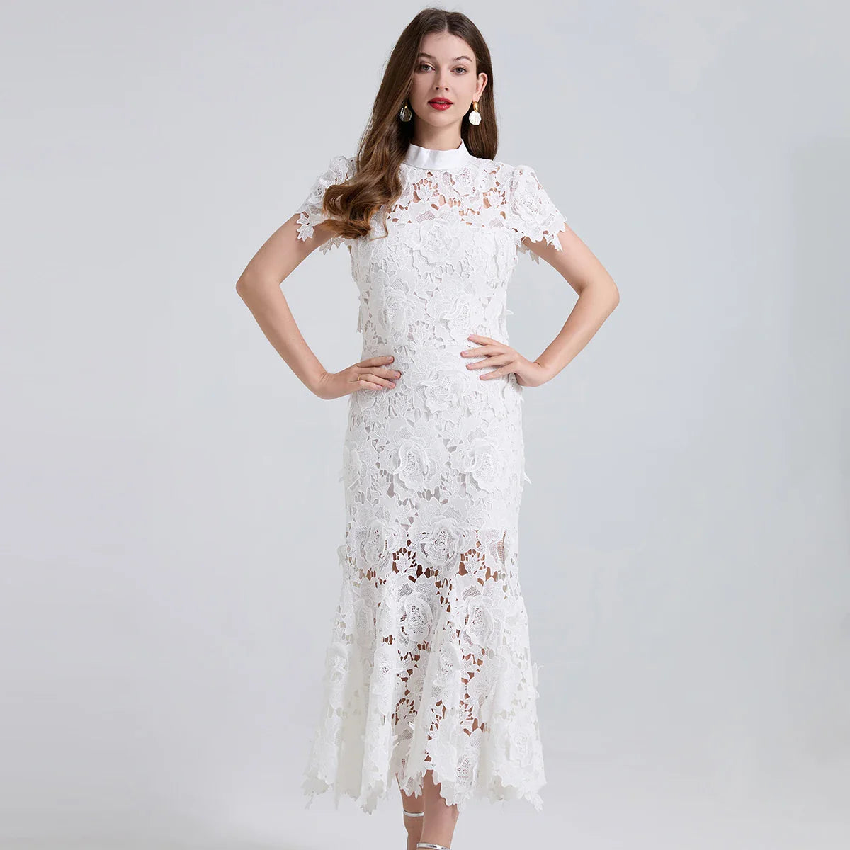 White Lace Floral Fishtail Evening Dress