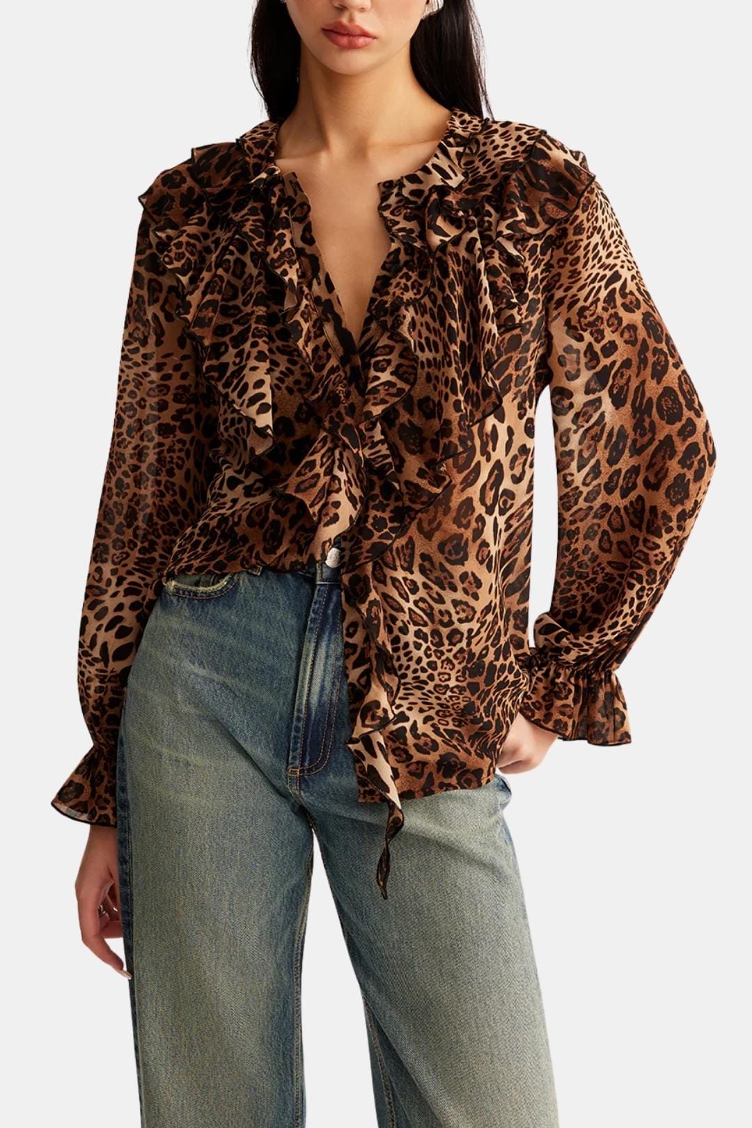 Zanira – Leopard Ruffle Ruffle Blouse in Dark Brown
