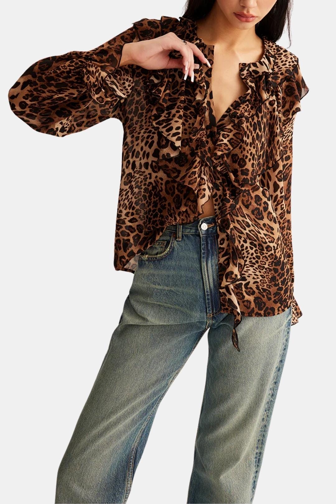 Zanira – Leopard Ruffle Ruffle Blouse in Dark Brown