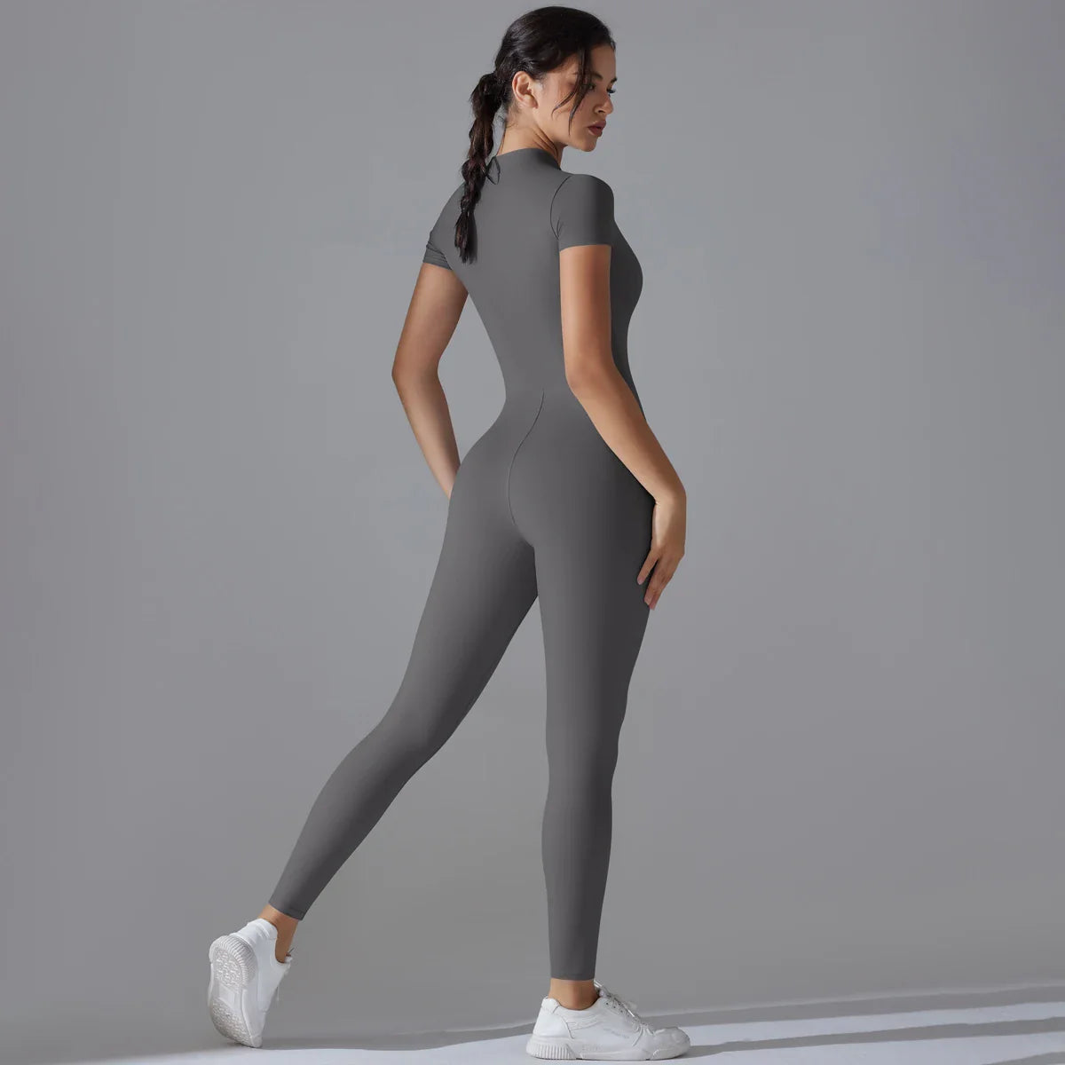 Chic Zip-Up Short Sleeve Workout Jumpsuit